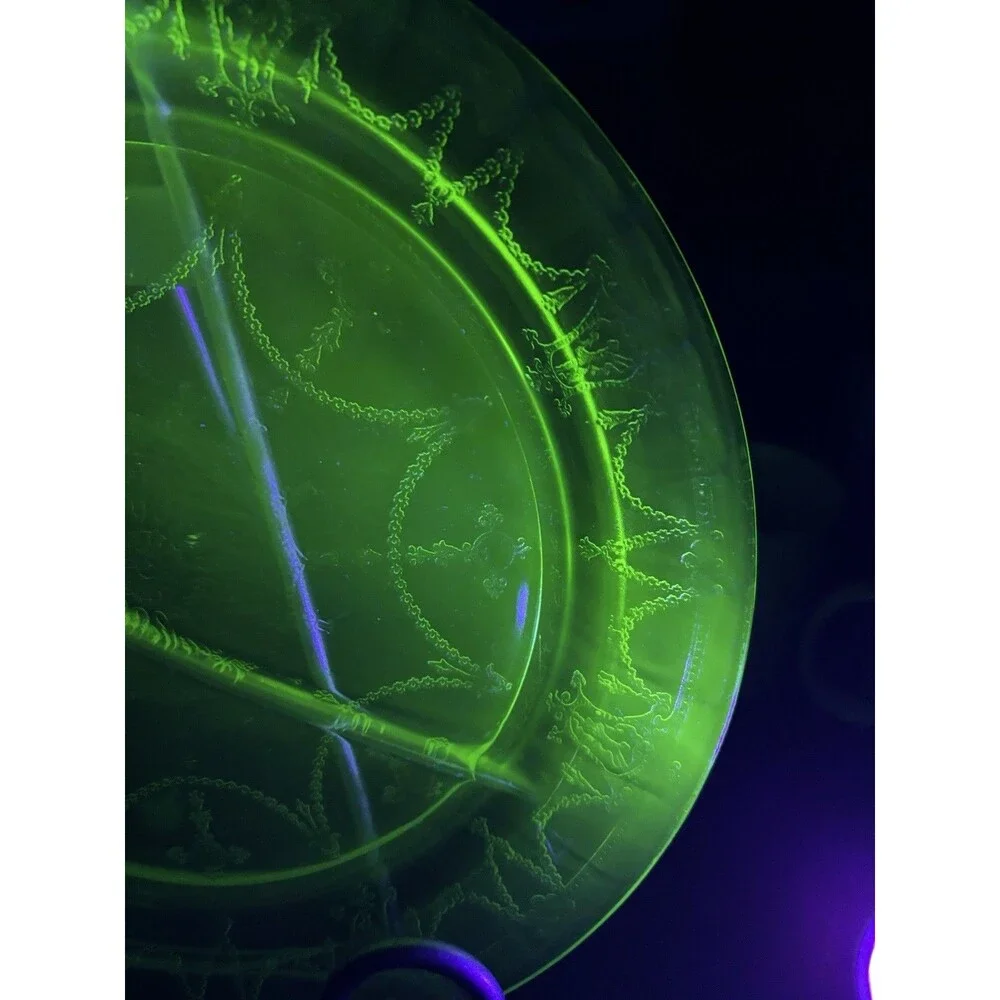 Vintage Uranium Green Depression Glass Cameo Ballerina Divided Plate Glows 10.5